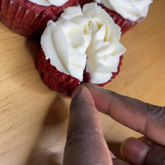 Here is a close up to the centre filled red velvet cupcake 